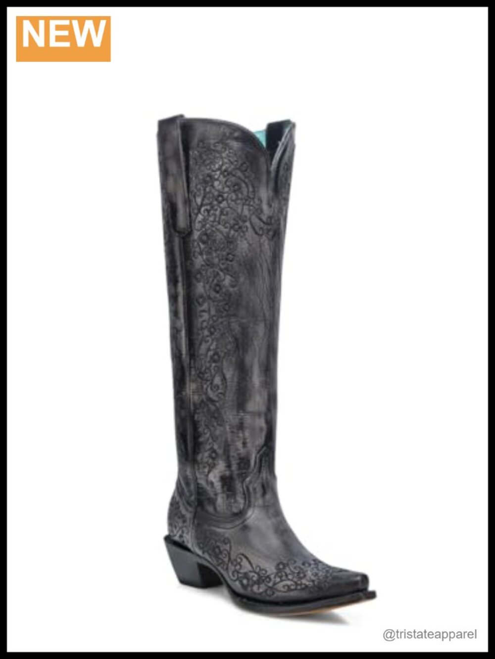 Women's Leather Knee-High Snip Toe Cowboy Boots with Floral Embroidery